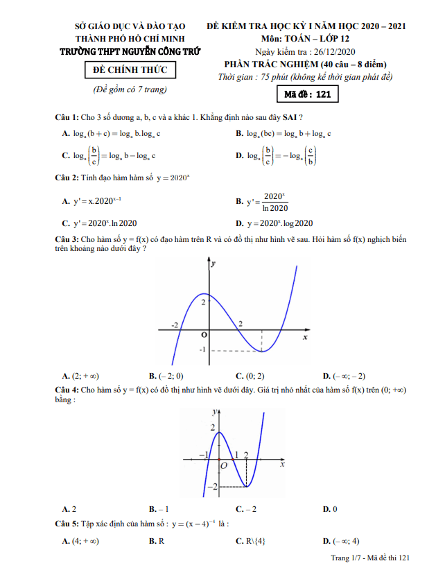 Đề thi HK1 Toán 12 năm 2020 2021 trường THPT Nguyễn Công Trứ TP HCM