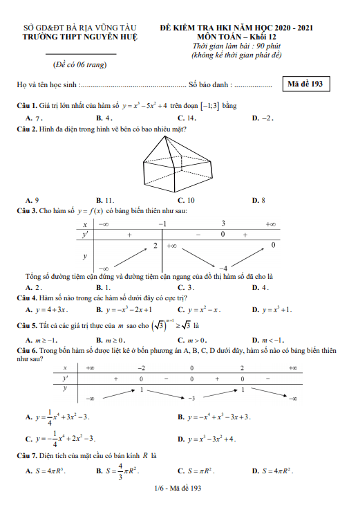 Đề thi HK1 Toán 12 năm 2020 2021 trường THPT Nguyễn Huệ BR VT