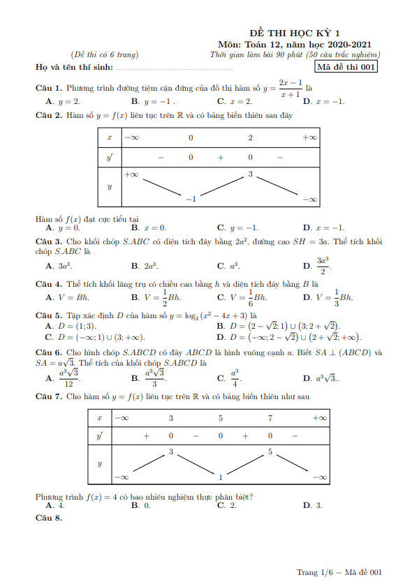 Đề thi HK1 Toán 12 năm 2020 2021 trường THPT Nguyễn Thị Minh Khai Hà Nội