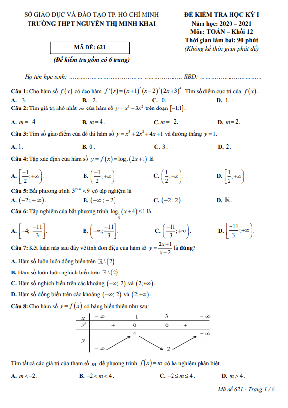 Đề thi HK1 Toán 12 năm 2020 2021 trường THPT Nguyễn Thị Minh Khai TP HCM