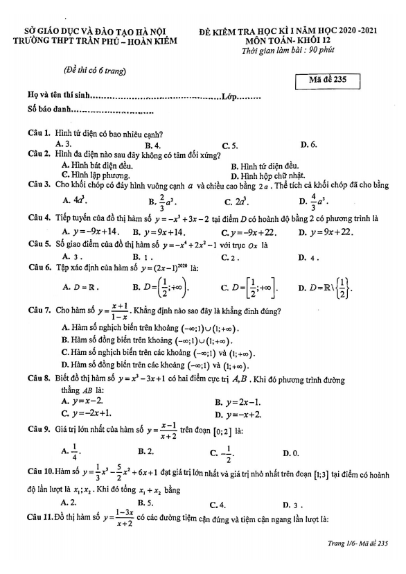Đề thi HK1 Toán 12 năm 2020 2021 trường THPT Trần Phú Hà Nội