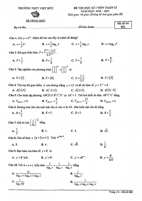 Đề thi HK1 Toán 12 năm 2020 2021 trường THPT Việt Đức Hà Nội