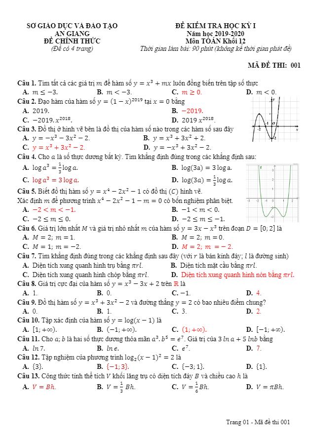 Đề thi HK1 Toán 12 năm học 2019 2020 sở GD&ĐT An Giang