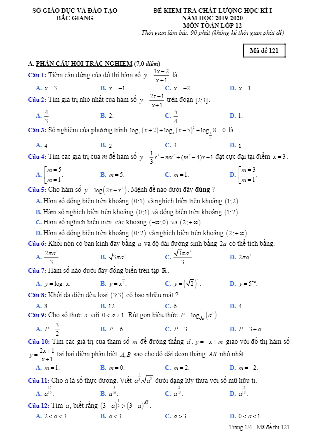 Đề thi HK1 Toán 12 năm học 2019 2020 sở GD&ĐT Bắc Giang