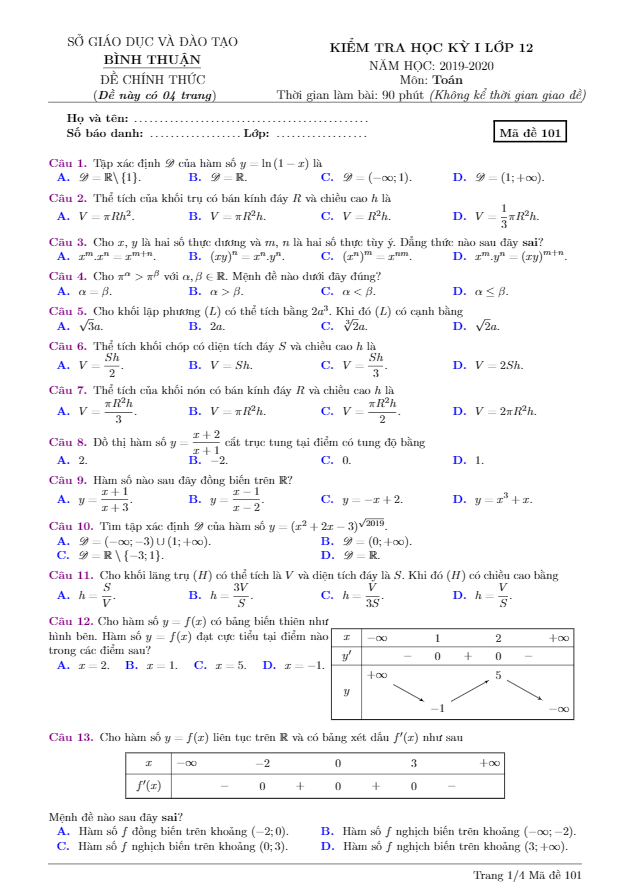 Đề thi HK1 Toán 12 năm học 2019 2020 sở GD&ĐT Bình Thuận