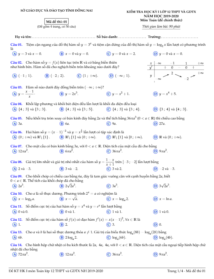 Đề thi HK1 Toán 12 năm học 2019 2020 sở GD&ĐT Đồng Nai