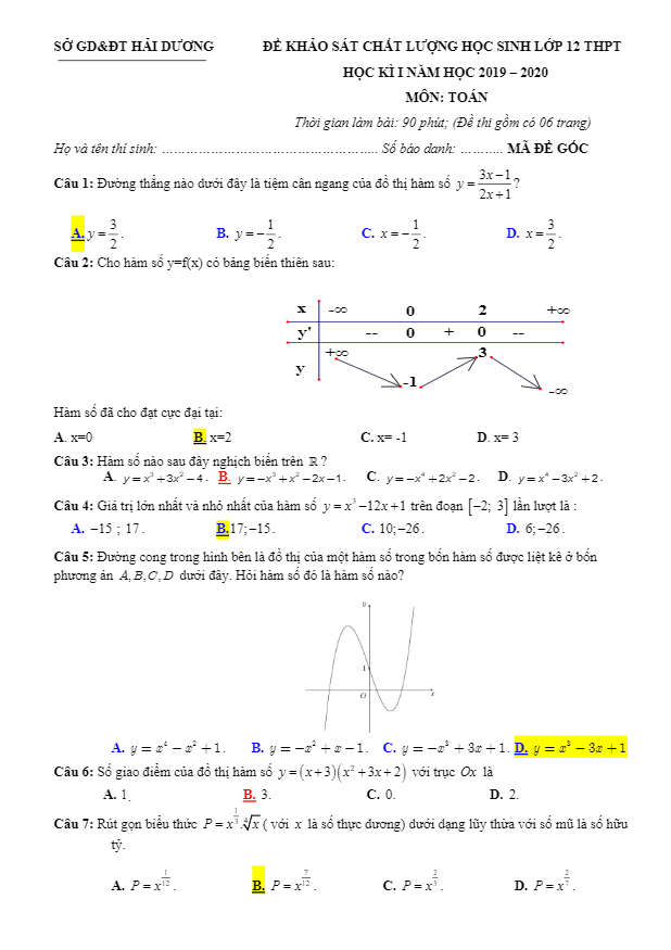 Đề thi HK1 Toán 12 năm học 2019 2020 sở GD&ĐT Hải Dương
