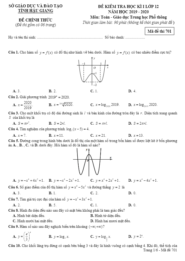 Đề thi HK1 Toán 12 năm học 2019 2020 sở GD&ĐT Hậu Giang