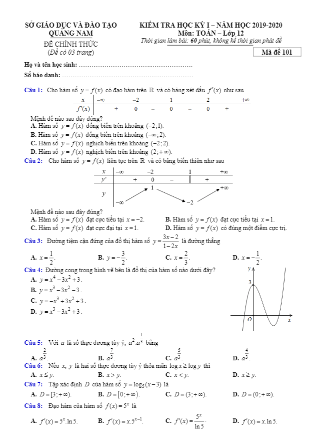 Đề thi HK1 Toán 12 năm học 2019 2020 sở GD&ĐT Quảng Nam