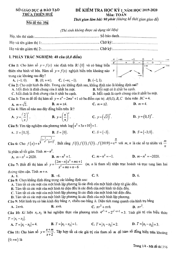 Đề thi HK1 Toán 12 năm học 2019 2020 sở GD&ĐT Thừa Thiên Huế