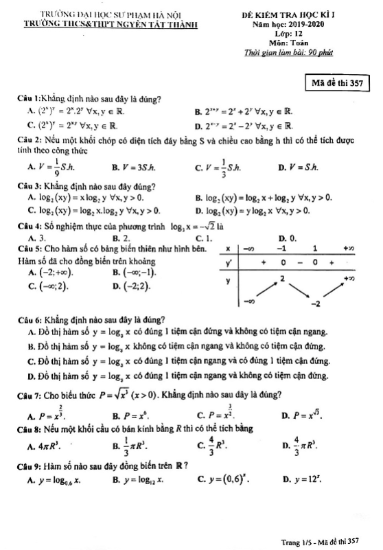 Đề thi HK1 Toán 12 năm học 2019 2020 trường Nguyễn Tất Thành Hà Nội