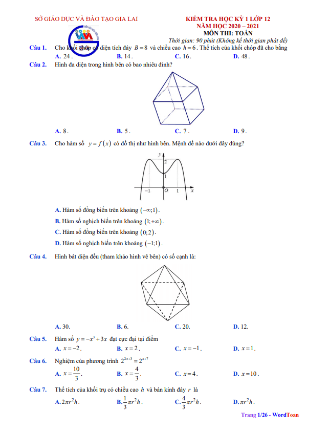 Đề thi HK1 Toán 12 năm học 2020 2021 sở GD&ĐT Gia Lai