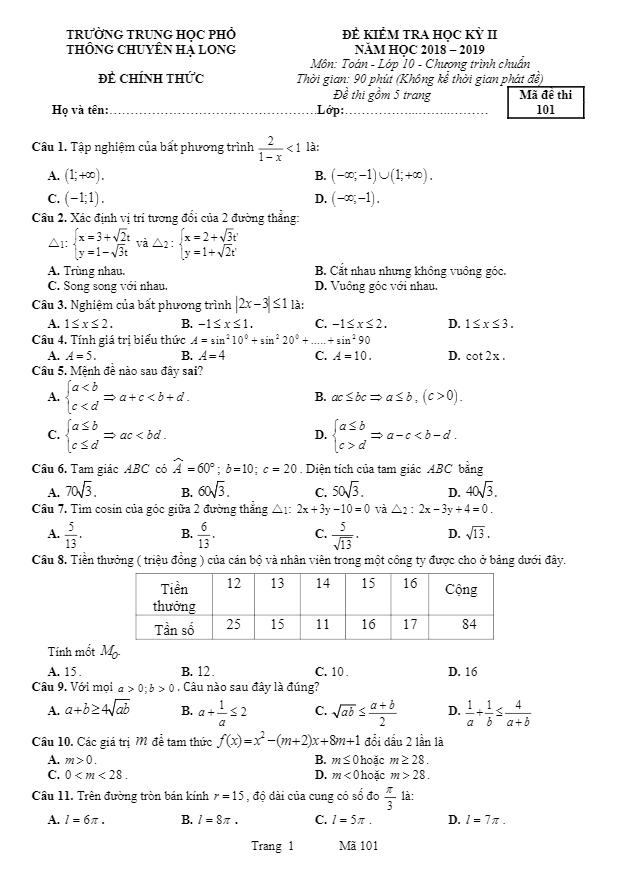Đề thi HK2 Toán 10 năm 2018 2019 trường chuyên Hạ Long Quảng Ninh