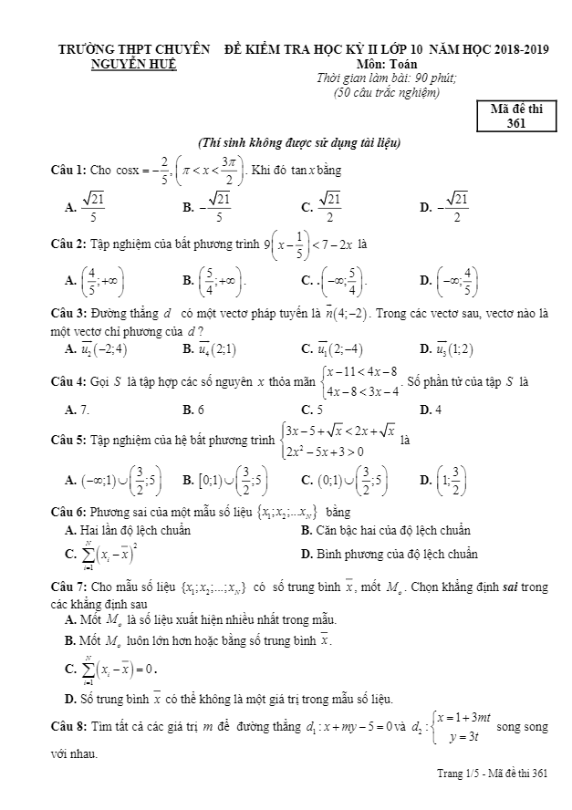 Đề thi HK2 Toán 10 năm 2018 2019 trường chuyên Nguyễn Huệ Hà Nội
