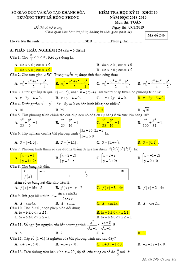 Đề thi HK2 Toán 10 năm 2018 2019 trường Lê Hồng Phong Khánh Hòa