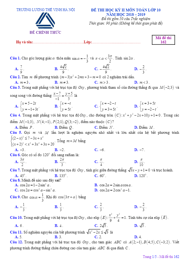 Đề thi HK2 Toán 10 năm 2018 2019 trường Lương Thế Vinh Hà Nội