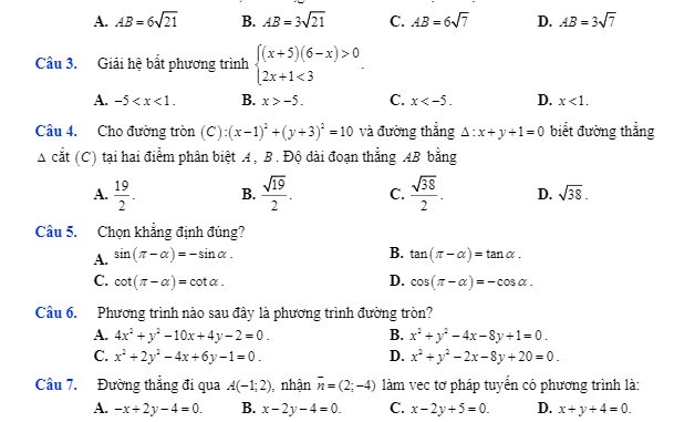 Đề thi HK2 Toán 10 năm 2018 2019 trường Phạm Văn Đồng Quảng Ngãi