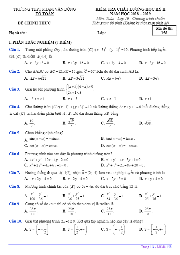 Đề thi HK2 Toán 10 năm 2018 2019 trường Phạm Văn Đồng Quảng Ngãi