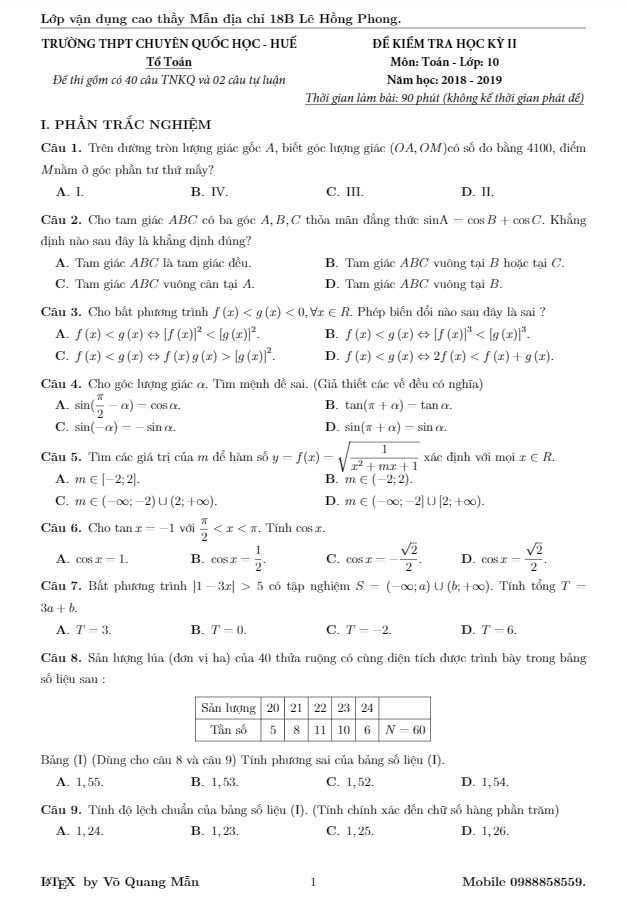 Đề thi HK2 Toán 10 năm 2018 2019 trường THPT chuyên Quốc học Huế