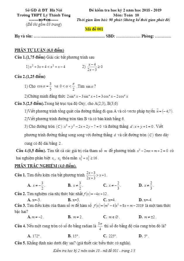 Đề thi HK2 Toán 10 năm 2018 2019 trường THPT Lý Thánh Tông Hà Nội