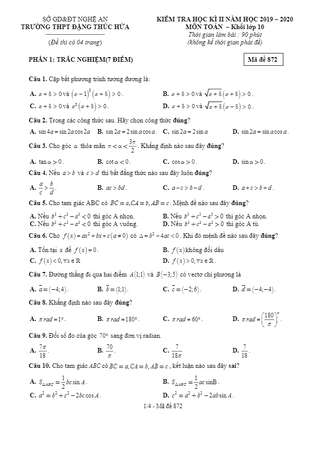 Đề thi HK2 Toán 10 năm 2019 2020 trường THPT Đặng Thúc Hứa Nghệ An