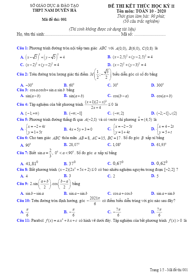 Đề thi HK2 Toán 10 năm 2019 2020 trường THPT Nam Duyên Hà Thái Bình