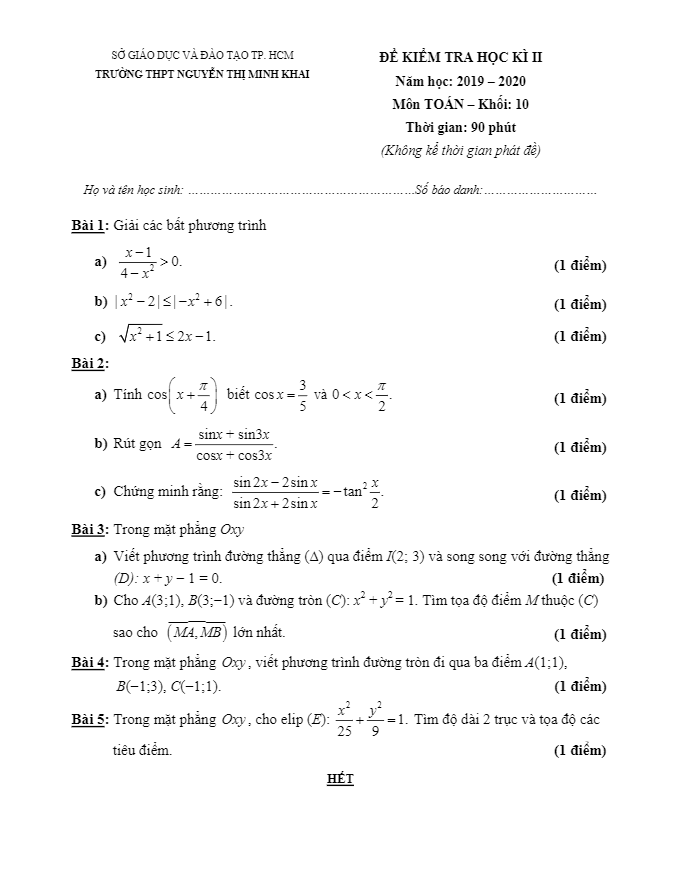 Đề thi HK2 Toán 10 năm 2019 2020 trường THPT Nguyễn Thị Minh Khai TP HCM