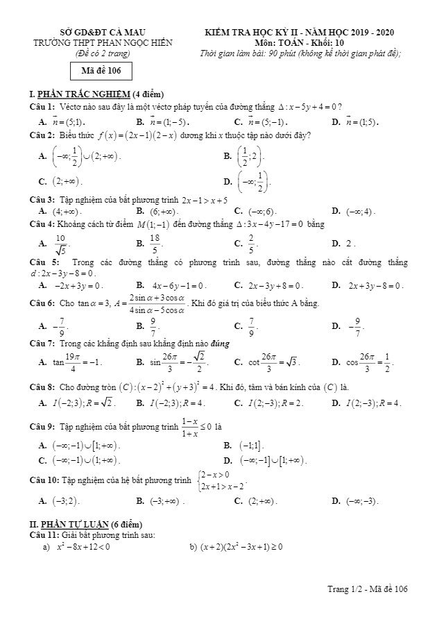 Đề thi HK2 Toán 10 năm 2019 2020 trường THPT Phan Ngọc Hiển Cà Mau