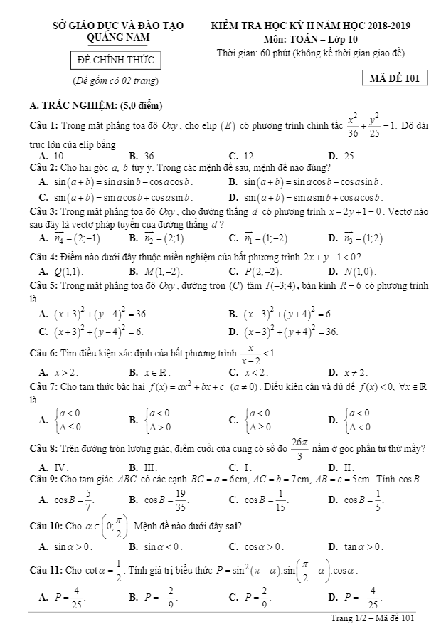 Đề thi HK2 Toán 10 năm học 2018 2019 sở GD và ĐT Quảng Nam