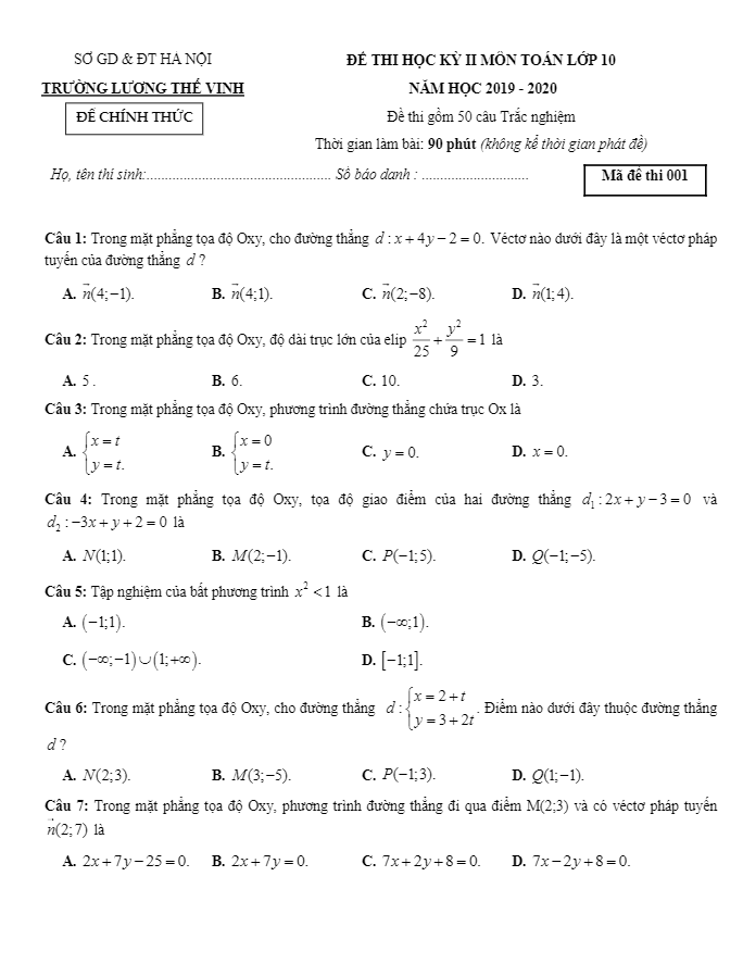 Đề thi HK2 Toán 10 năm học 2019 2020 trường Lương Thế Vinh Hà Nội