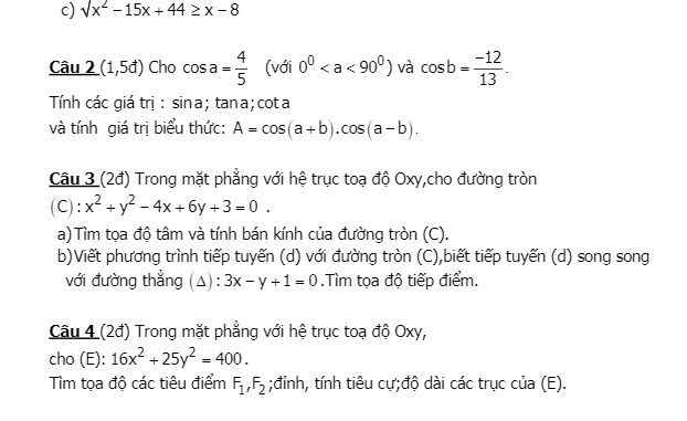 Đề thi HK2 Toán 10 năm học 2019 2020 trường THPT Gia Định TP HCM