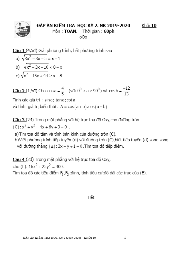 Đề thi HK2 Toán 10 năm học 2019 2020 trường THPT Gia Định TP HCM