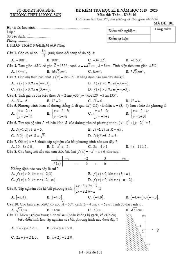 Đề thi HK2 Toán 10 năm học 2019 2020 trường THPT Lương Sơn Hòa Bình
