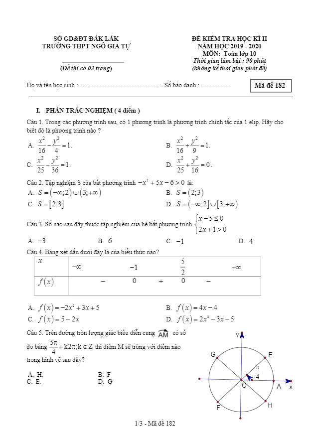 Đề thi HK2 Toán 10 năm học 2019 2020 trường THPT Ngô Gia Tự Đắk Lắk