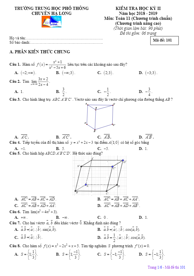 Đề thi HK2 Toán 11 năm 2018 – 2019 trường chuyên Hạ Long Quảng Ninh