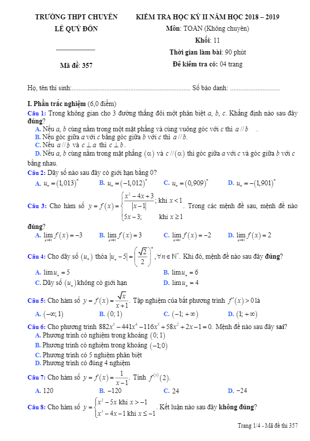 Đề thi HK2 Toán 11 năm 2018 2019 trường chuyên Lê Quý Đôn Khánh Hòa