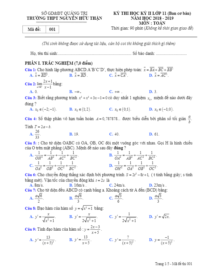 Đề thi HK2 Toán 11 năm 2018 2019 trường Nguyễn Hữu Thận Quảng Trị