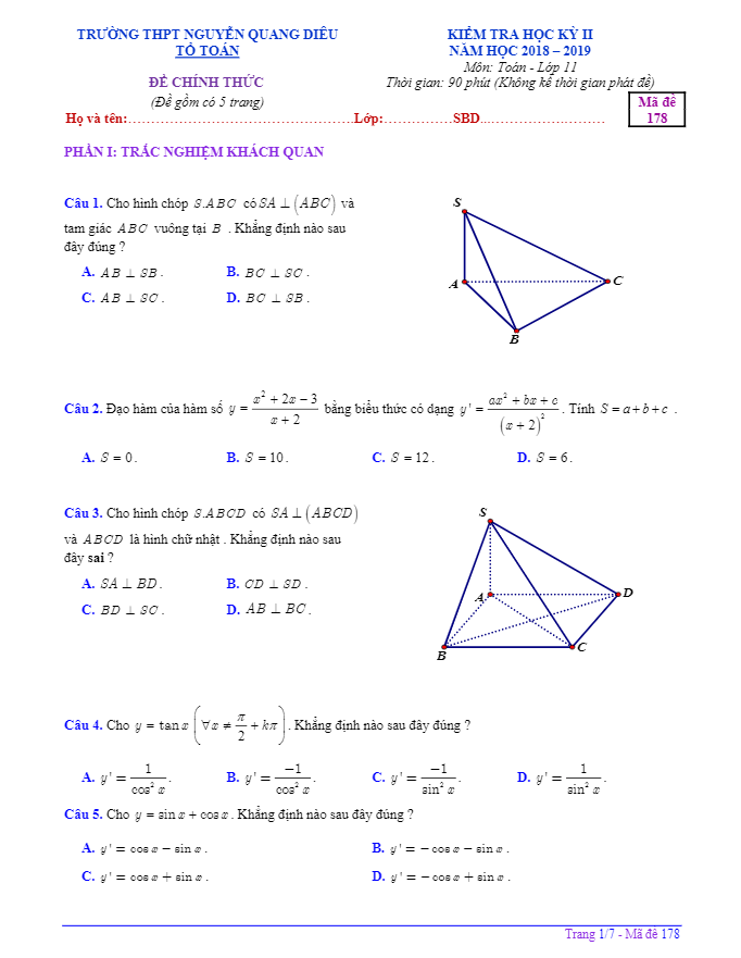 Đề thi HK2 Toán 11 năm 2018 2019 trường Nguyễn Quang Diêu An Giang