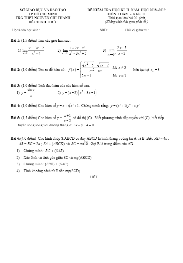 Đề thi HK2 Toán 11 năm 2018 2019 trường THPT Nguyễn Chí Thanh TP HCM