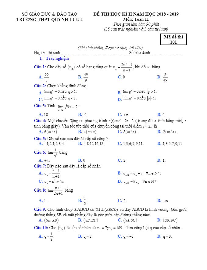 Đề thi HK2 Toán 11 năm 2018 2019 trường THPT Quỳnh Lưu 4 Nghệ An