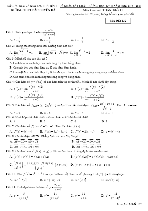 Đề thi HK2 Toán 11 năm 2019 2020 trường THPT Bắc Duyên Hà Thái Bình