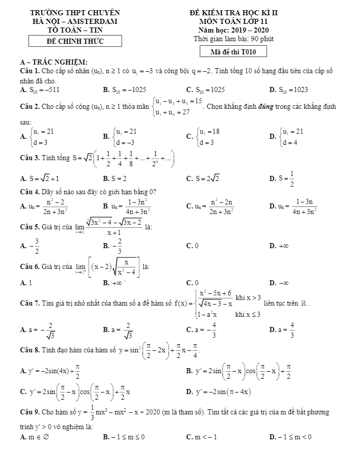 Đề thi HK2 Toán 11 năm 2019 2020 trường THPT chuyên Hà Nội Amsterdam