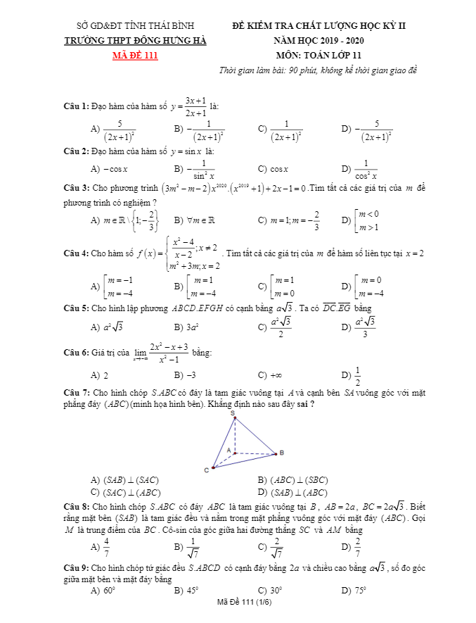 Đề thi HK2 Toán 11 năm 2019 2020 trường THPT Đông Hưng Hà Thái Bình