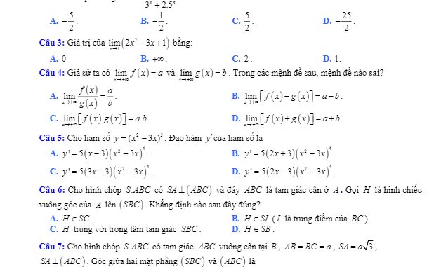 Đề thi HK2 Toán 11 năm 2019 2020 trường THPT Khánh Sơn Khánh Hòa