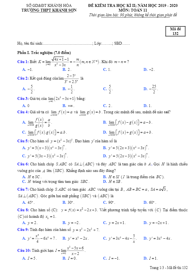 Đề thi HK2 Toán 11 năm 2019 2020 trường THPT Khánh Sơn Khánh Hòa