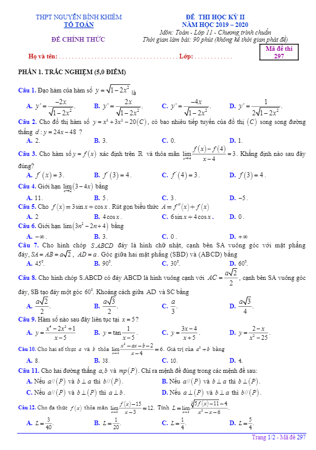Đề thi HK2 Toán 11 năm 2019 2020 trường THPT Nguyễn Bỉnh Khiêm Gia Lai