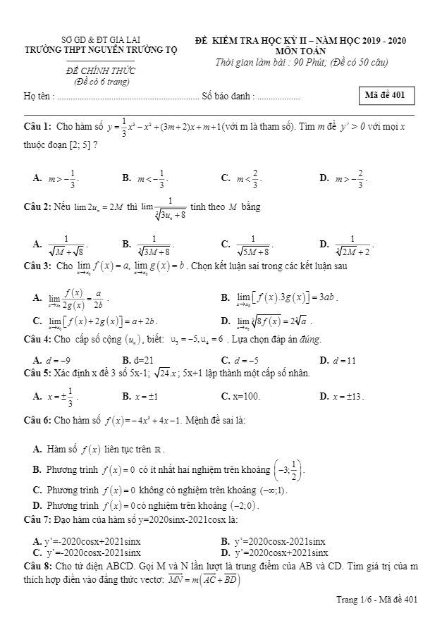 Đề thi HK2 Toán 11 năm 2019 2020 trường THPT Nguyễn Trường Tộ Gia Lai