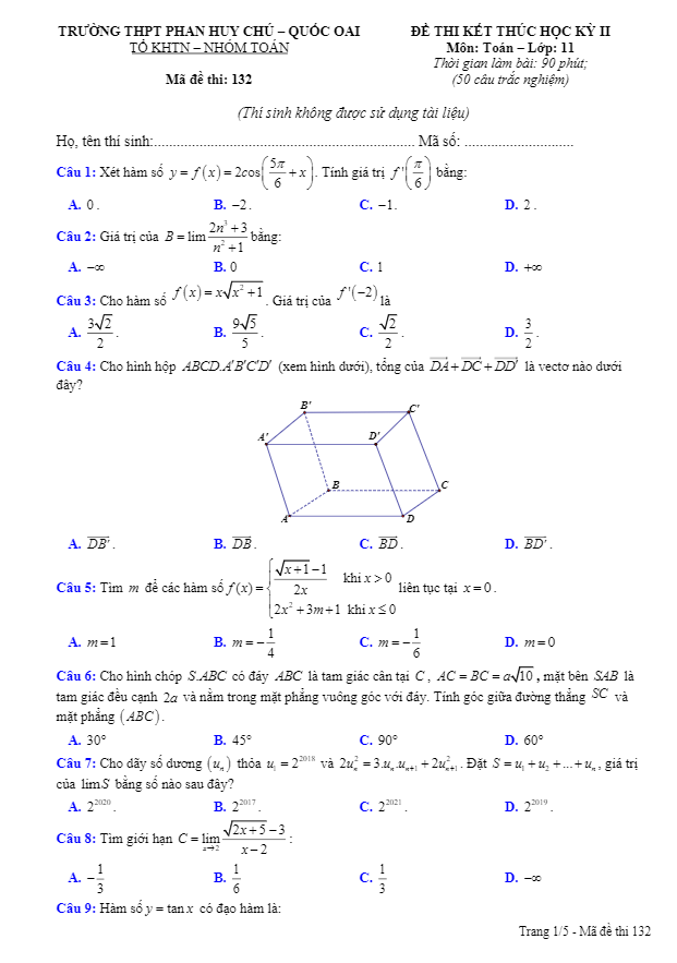 Đề thi HK2 Toán 11 năm 2019 2020 trường THPT Phan Huy Chú Hà Nội