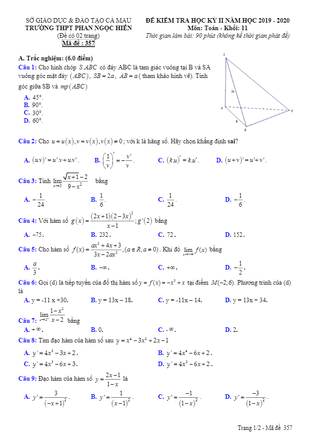 Đề thi HK2 Toán 11 năm 2019 2020 trường THPT Phan Ngọc Hiển Cà Mau