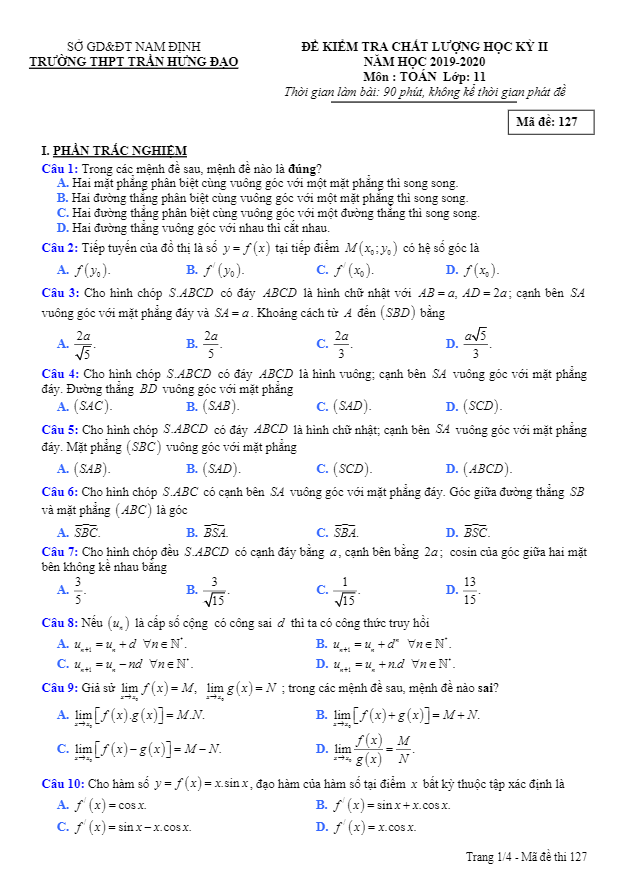 Đề thi HK2 Toán 11 năm 2019 2020 trường THPT Trần Hưng Đạo Nam Định